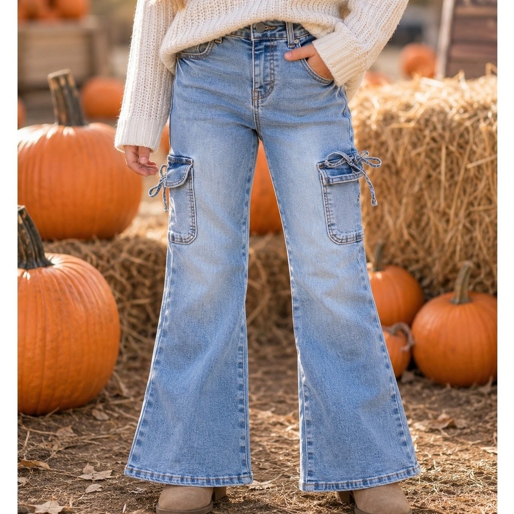 Vanilla Star Girl Medium Wash Cargo Flare Jeans with Side Ties Size 12